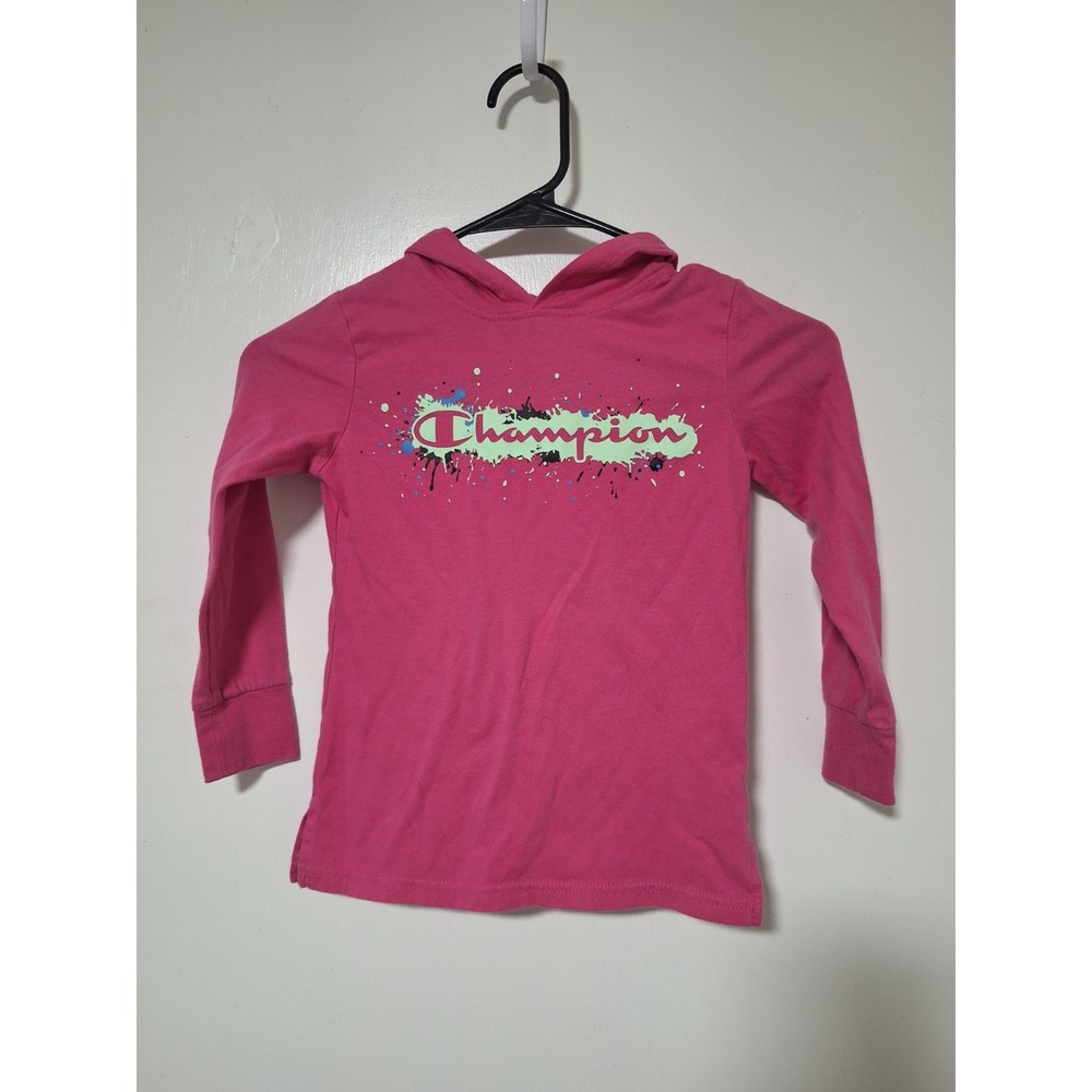 Champion Girls Size 6 Hot Pink Long Sleeve Hooded Shirt Paint Splatter Logo Top